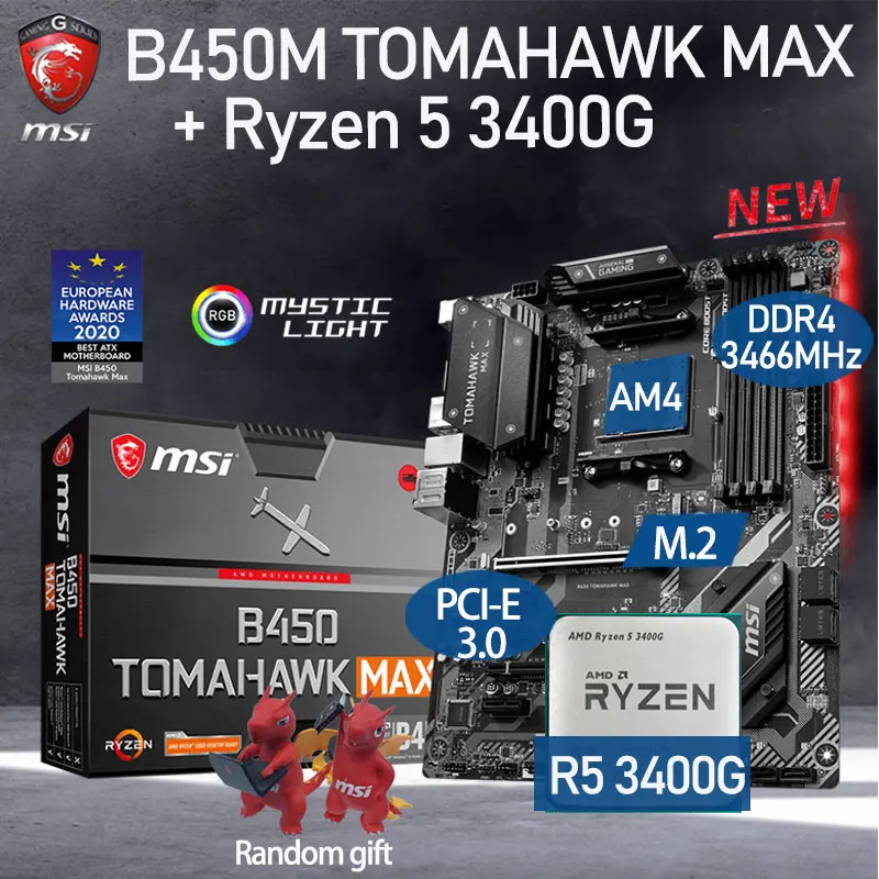 

MSI B450 TOMAHAWK MAX Motherboard Set + AMD Kit Ryzen 5 3400G Combo DDR4 64Gb M.2 PCI-E 3.0 Placa-mãe AM4 ATX Desktop AMD B450