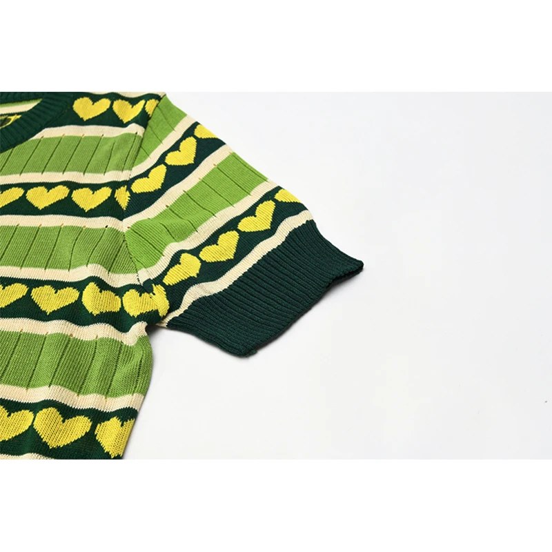 Vintage Women Crop Tops Green Knitted Summer O Neck Short Sleeve Love Pattern Casual Female Slim Knit Top Cropped Tees | Женская одежда