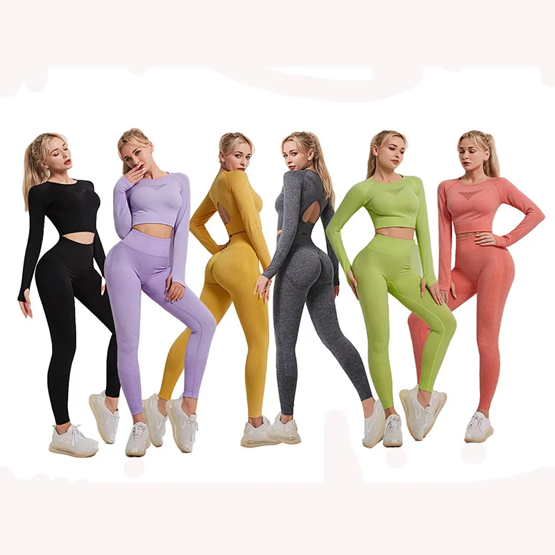 

High Waist Seamless Women Yoga Set Workout Sportswear Gym Clothing Fitness Yoga Set Long Sleeves Shirt Crop Top Workout Leggings