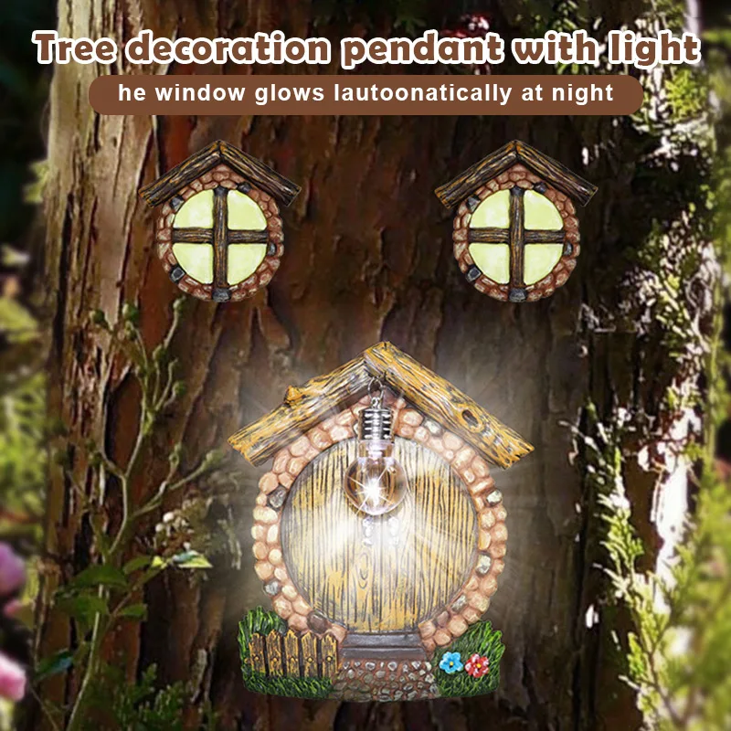 

Fairy Door and Window Ornament for Home Garden Decor Garden Lighten in The Dark Yard Art Outdoor Resin Pendant Statue _W