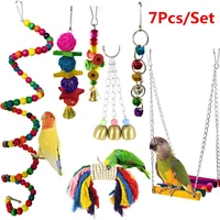 7pcsset parrot bird swing chewing hanging perches macaws bells interactive parrot bead rope pet bird toys