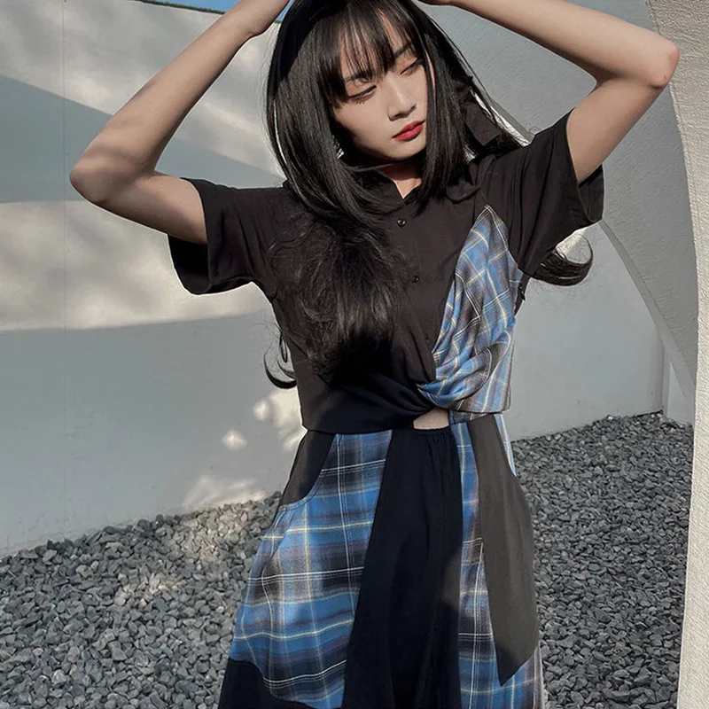 

Women's Dress 2021 Girl Costume Chic Patchwork Plaid Summer Loose Asymmetrical Ankle-Length Dress Lace Up Casual Women's Dresses