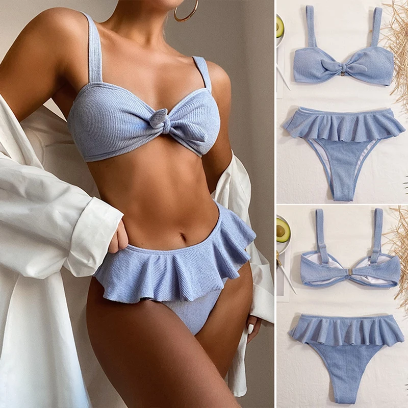 

Hot Women's Ruffle Knitted Swimsuit Bikini Blue