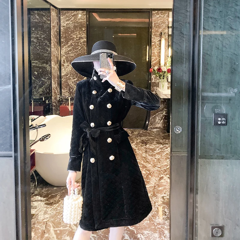 

Winter Parkas Vintage Autumn Double-breasted Sleeve Black Velvet Trench Coat Long Women Clothes