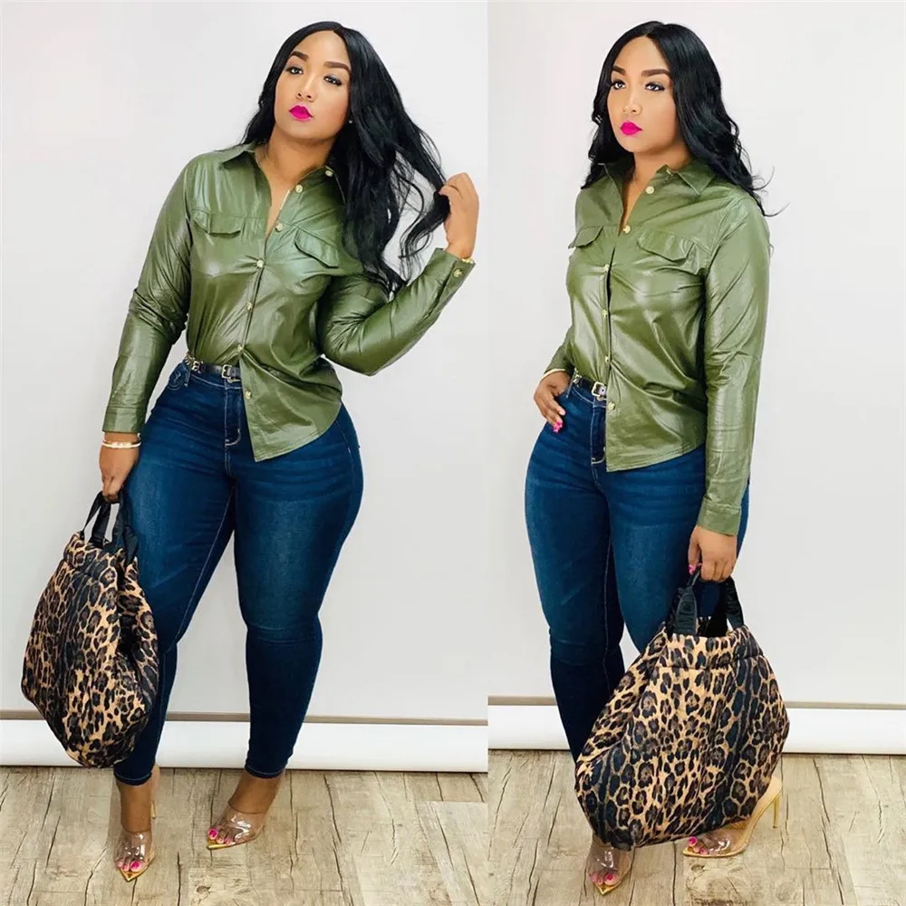 Autumn Winter PU Leather Shirts for Women Causal Turn-down Collar Blouse Shirt Streetwear Single-breasted Chic Pocket Shirt Tops