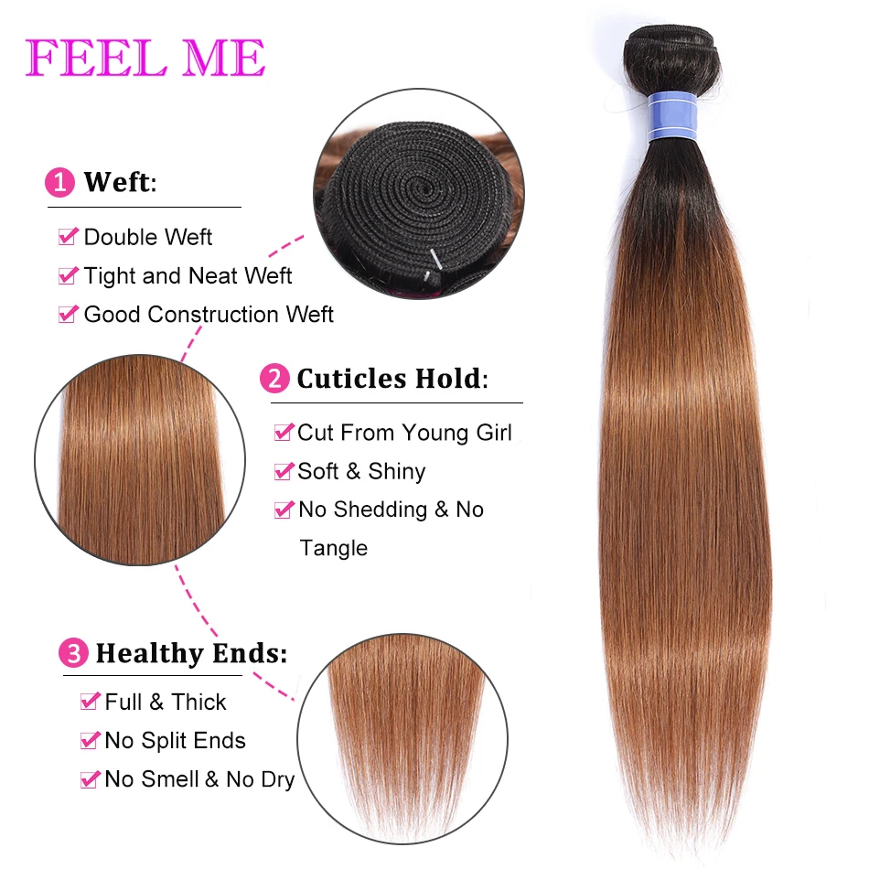 FEEL ME Hair Ombre перуанские прямые человеческие волосы в пучках с застежкой 1B/30 медово