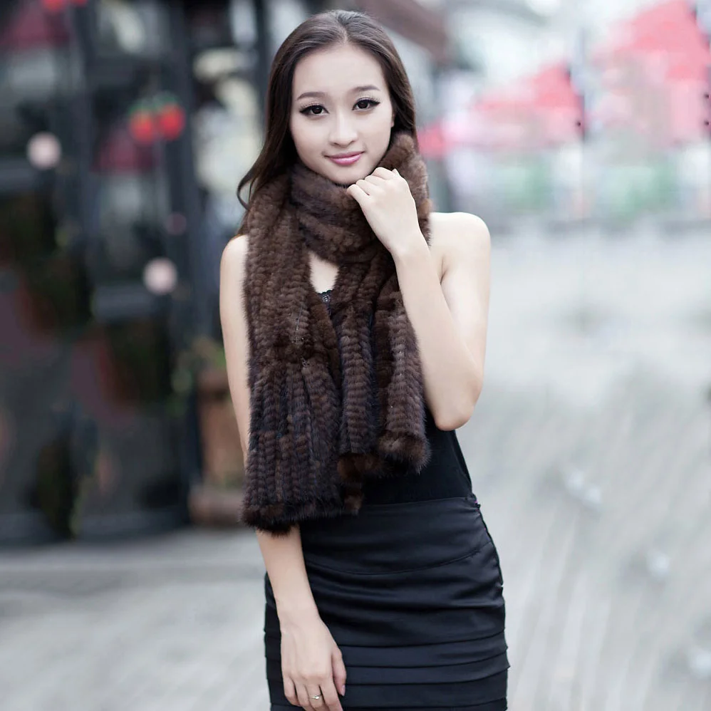 

SHZQ Fashion Lady Real Knitted Mink Fur Scarf Winter Women Warm Genuine Fur Shawl Black Coffee Color Real Pictures 172cm 12cm Co