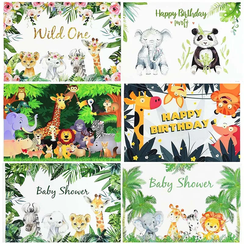 

Jungle Safari Animals Theme Party Backdrop Kids Wild One Happy Birthday Baby Shower Photography Backdrops Cartoon Zoo Background