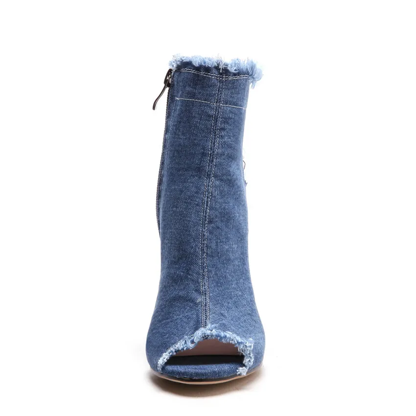 Женские сандалии QUTAA на тонком высоком каблуке с открытым носком из джинсовой