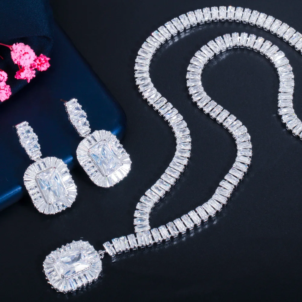 CWWZircons Bling Square Drop темно синий кубический циркон ожерелье и серьги женские вечерние