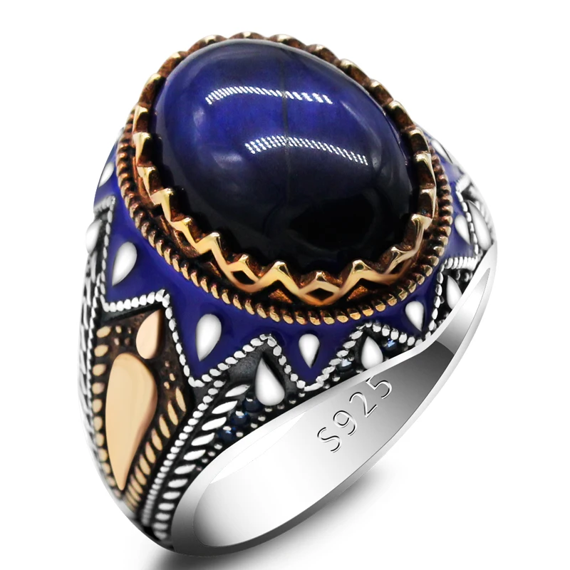 

Men's Blue Tiger Eye Ring 925 Sterling Silver Natural Stone With Enamel Ornate Crown Ring Men's and Women's Turkish Jewelry Gift