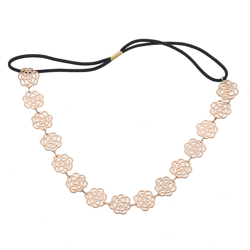

Hot Lovely Metallic Sweet Lady Hollow Rose Flower Elastic Hair Band Headband - Gold