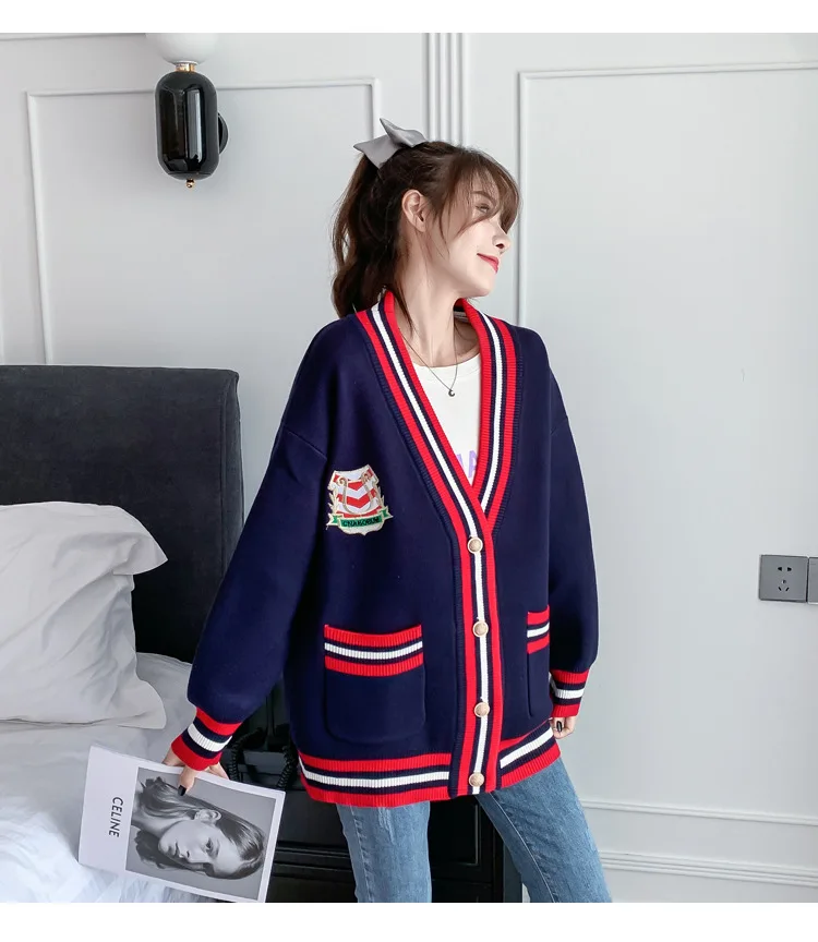 

Hsa 2020 Winter Sweater Coat V neck Oversized Spring Knit Cardigans Casual Embroidery Sweater Knit Coat Korean Spring Sweaters