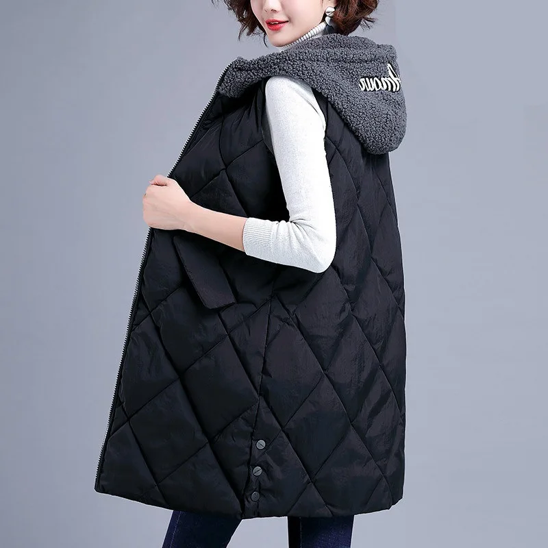 

Women Lamb Fur Vest Fashion Temperament Outer Cotton-padded Jacket Loose Korean Winter 2020 New Zipper Medium Length Vest Coat