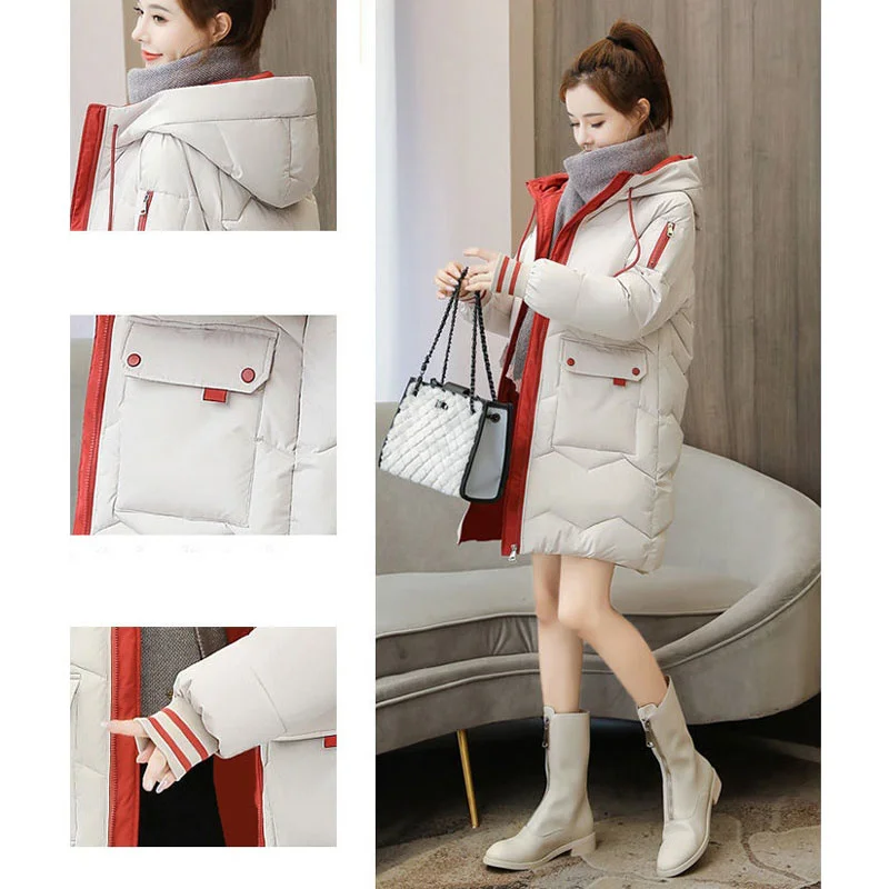 Women Winter Down Cotton jacket Color contrast Long Hooded Keep Warm Outwear Parka Thick Basic Coat Down Cotton Padded Jacket