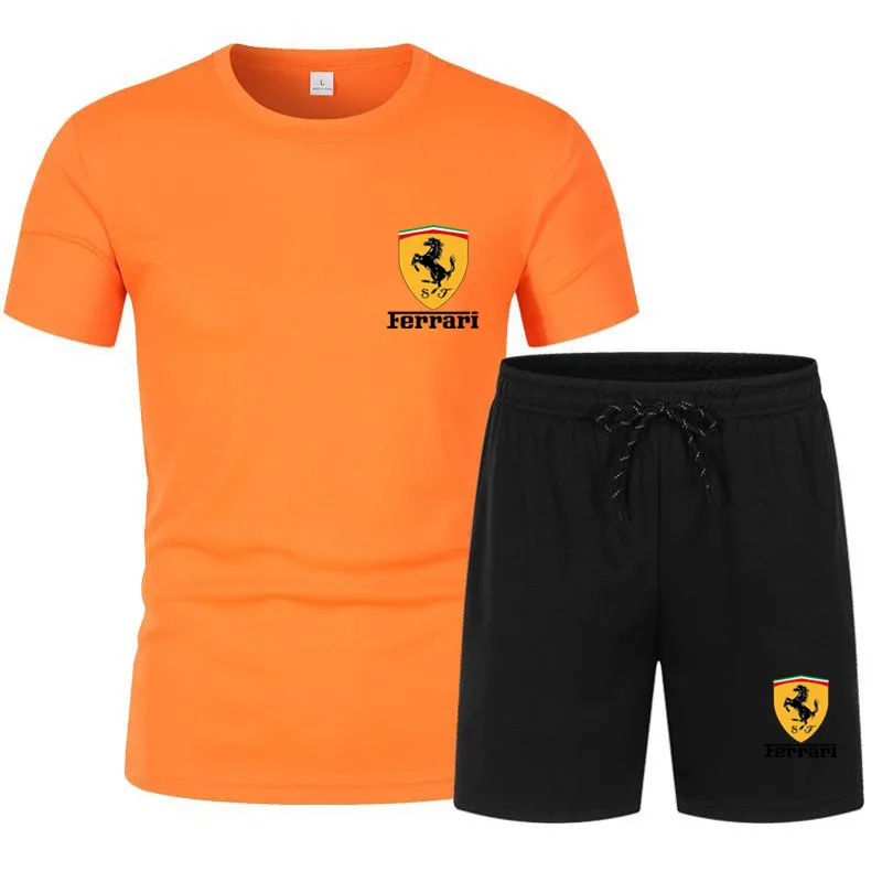 

2021 New Men's Short-sleeved T-shirt Car Logo Ferrari Summer Sports Suit Suit Color Matching Casual Fashion Short-sleeved Suit