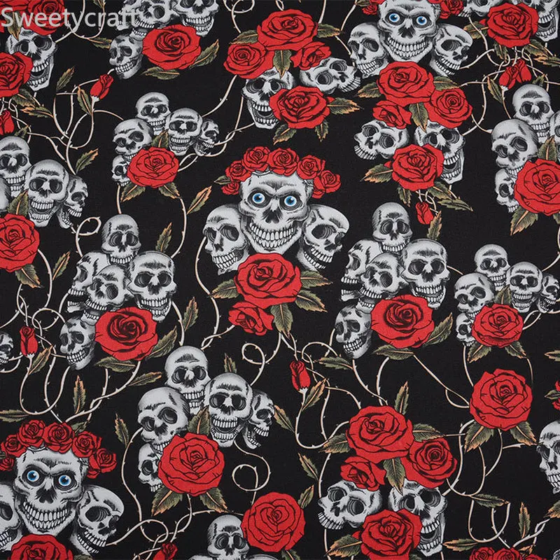 

1 Yard Halloween Rose Skull head printing Canvas Fabric for DIY Sewing Bag Sofa Table Cloth Handmade Material Home Decoration