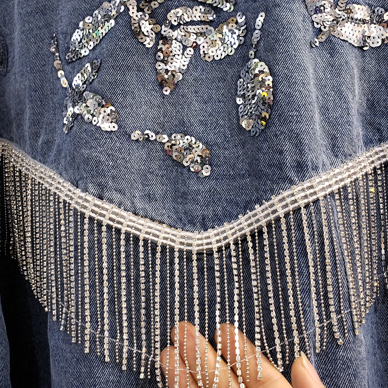 

Cakucool New Denim Jacket Tassels Chains Women's Jeans Korean Loose Shimmer sequined Punk Design Coat Casual Girls Outerwear