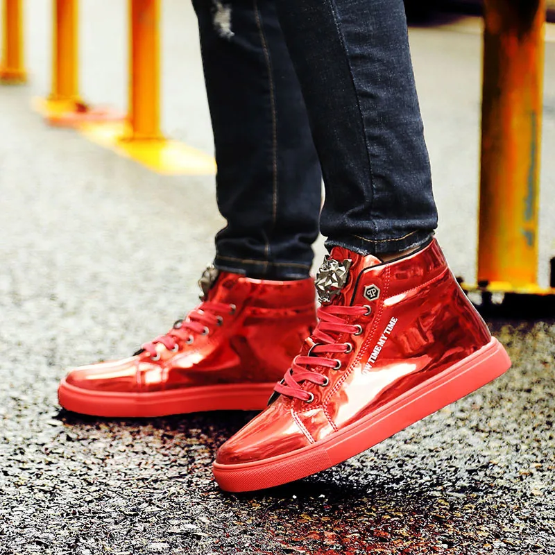 X Brand Fashion Autumn Mens Sneakers Big Size Shiny Metal Men Casual Shoes Glitter Red Blue High top 2020 |