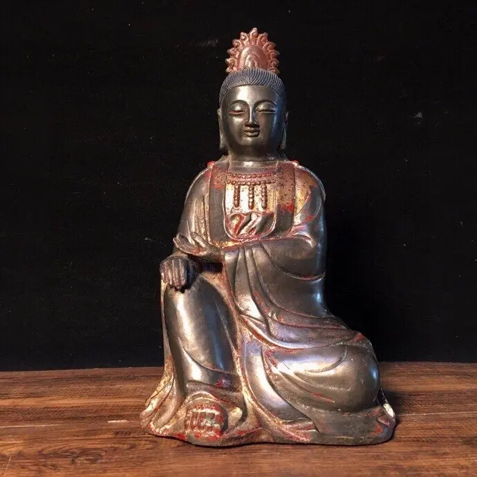 

Home Decor 9" Tibet Buddhism Old Copperware Cinnabars Free Avalokitesvara Buddha Statue Amitabha statue Enshrine the Buddha