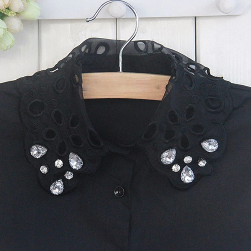 

Korean Women Autumn Cotton Detachable Half Shirt Blouse Hollow Out Floral Lace Lapel False Fake Collar Rhinestone Dickey M7DD