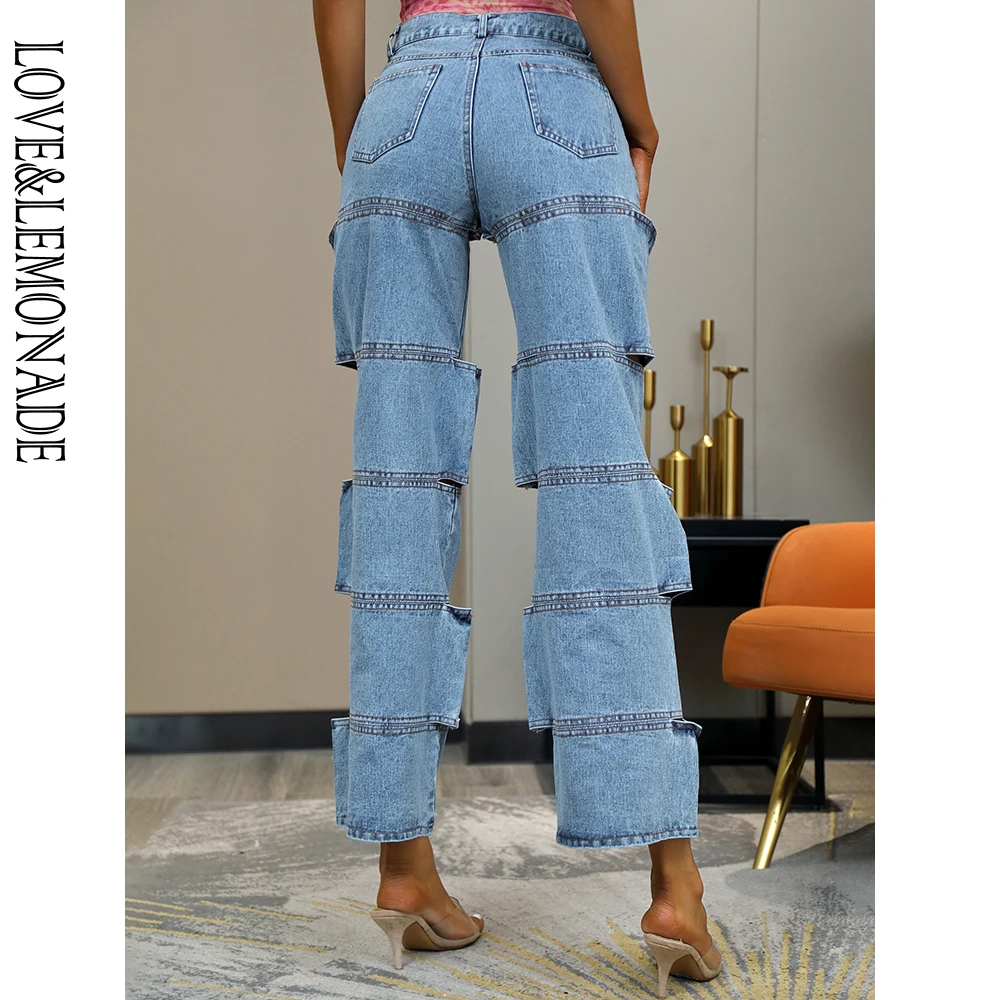 

LOVE&LEMONADE Sexy Cut Out Loose Straight Stitching Design Jeans LMDM007