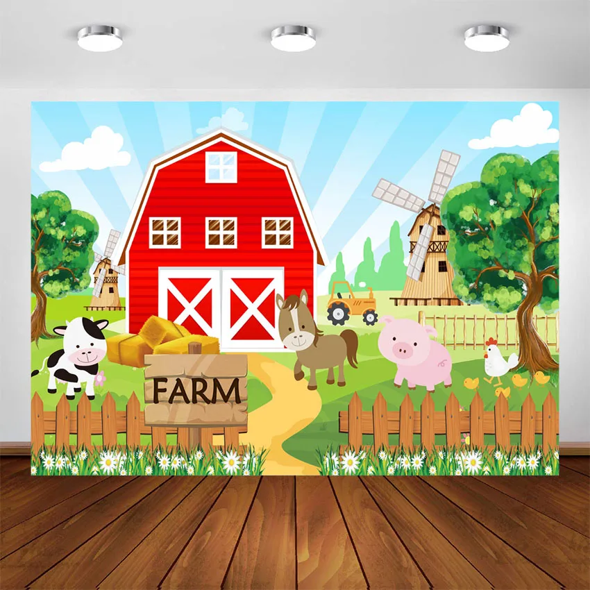 

Cartoon Farm Animals Theme Backdrop Rural Red Barn Baby Kids Birthday Photography Background Decoration Banner Party Supplies