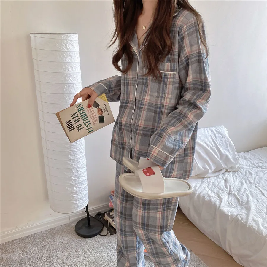 

Nightwear Sweet Chic Casual 2021 Fashion Brief Geometric Hot New All Match Plaid Homewear Loose Suits Pajamas Sets