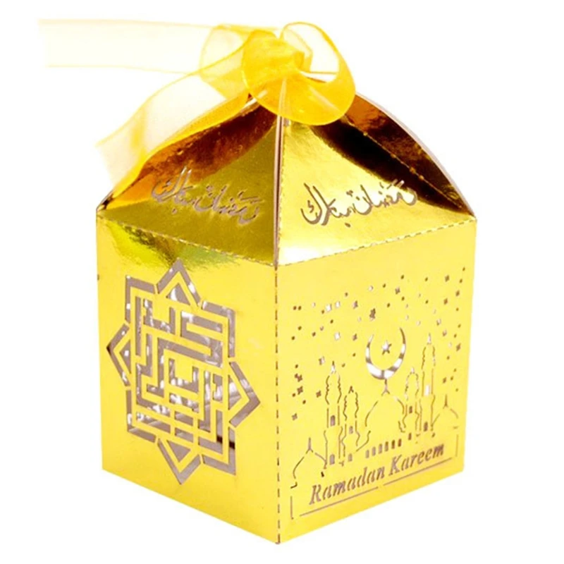 

100Pcs Muslim Ramadan Hollow Candy Boxes Container Eid Mubarak Gold Silver Paper Gift Bag Islamic Festival Party Supplie