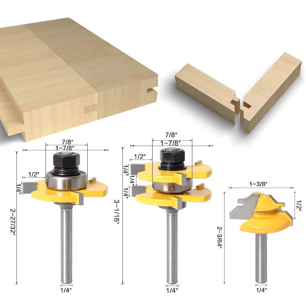 

3Pcs 6mm 1/4 Shank Tongue & Grooving Joint Router Bit 45 Degree Lock Miter Router Set Wood Cutting Woodworking Tools