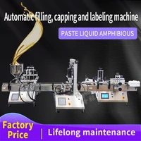 automatic desktop 2 nozzles paste and liquid filling machine with capper and round bottles label applicator full production line