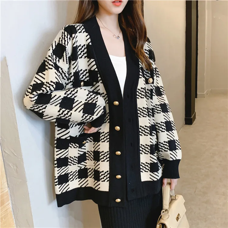 SINGRAIN Новинка женские вязаные Длинные кардиганы модные клетчатые топы с рисунком