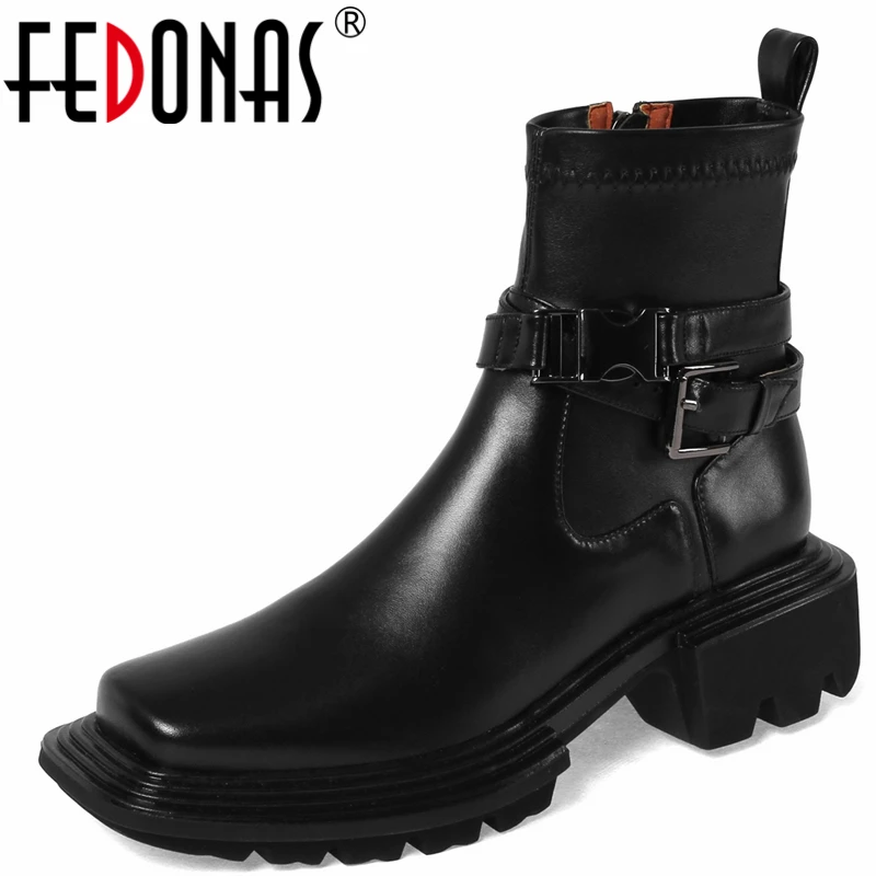 

FEDONAS Fashion New Belt Buckle Women Ankle Boots Autumn Winter Platforms Outdoor Casual Genuine Leather Thick Heels Shoes Woman