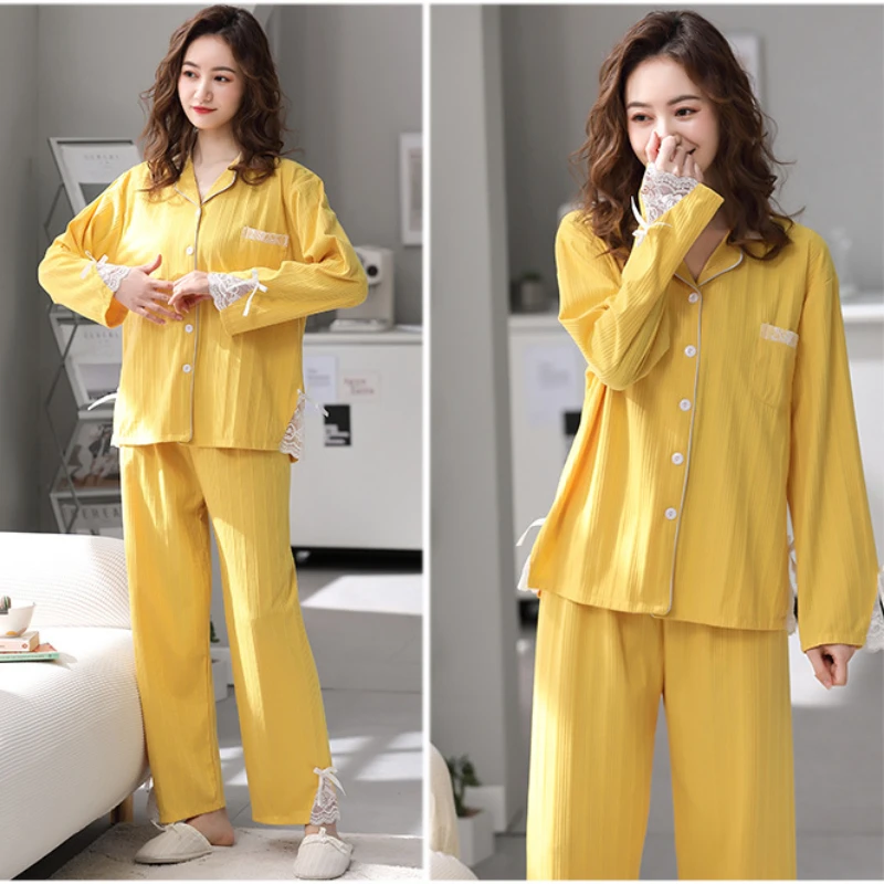 

Spring Plus Size Splicing Lace Long-sleeved 100% Cotton Yellow Pajamas Ladies Cardigan Lapel Quality Home Service Two-piece Suit