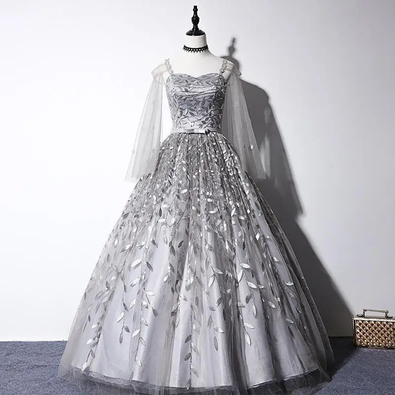 Элегантные серые платья с аппликацией для Quinceanera из тюля длинным рукавом