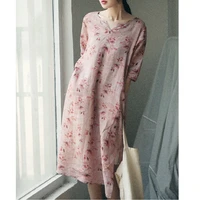 ramie v neck half sleeve printed robe vintage dress dresses for women 2021 summer dress sundress