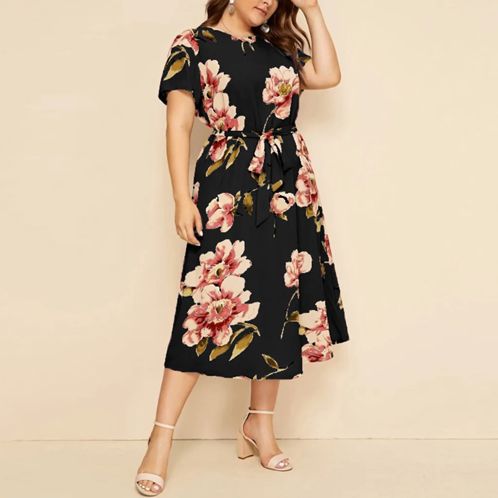 

2021 Spring Chiffon Dress plus size round neck short sleeve printed waist dress mid-length chiffon Dresses