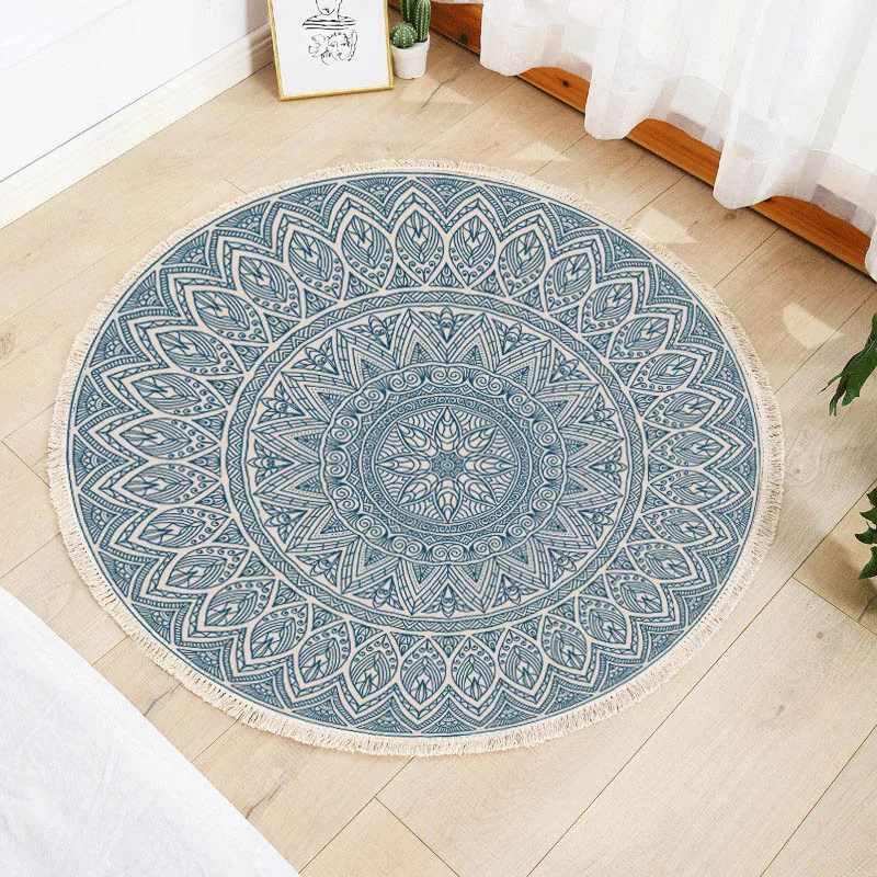 

Cotton Linen Round Carpet for Living Room Big Hand Woven Mandala Tassel Bedroom Rugs Anti Slip Boho Classic Floor Mat Tapestry