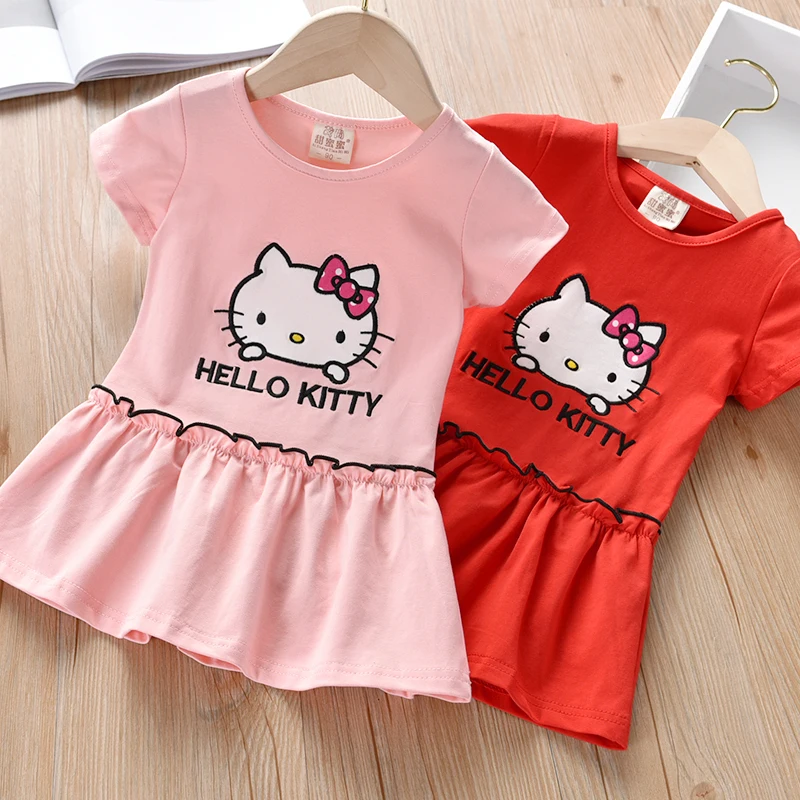 Kids Hello Kitty Dress Summer Princess Party Short Sleeve Children Girls Red Toddler Clothes Rabbit Cotton Ruched Fashion | Детская