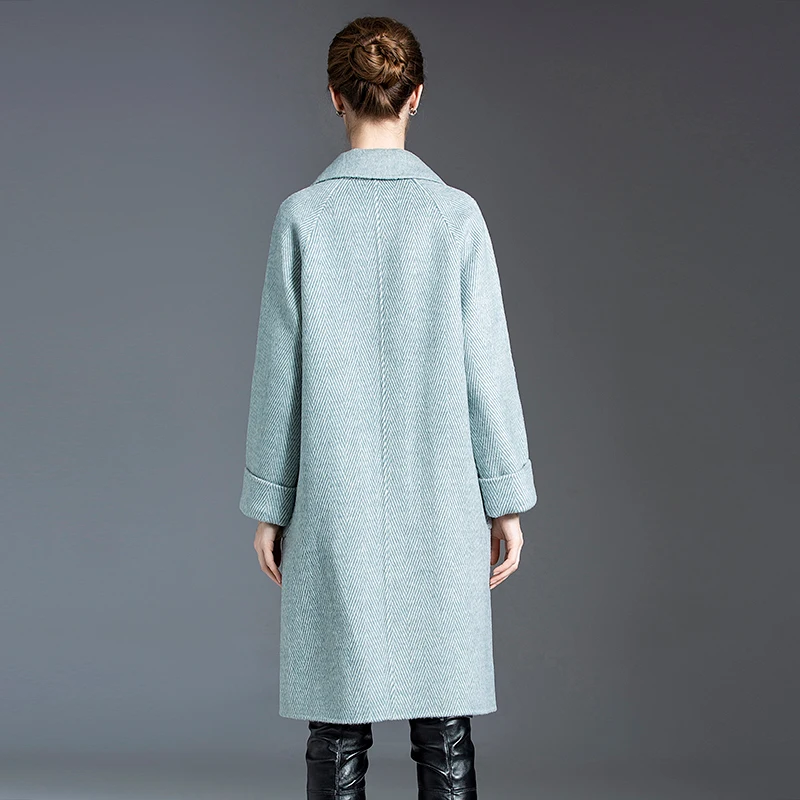 

Women's Double Cashmere Coat Turn Down Collar Long Sleeves Front Pockets Long Overcoat Winter Outerwear