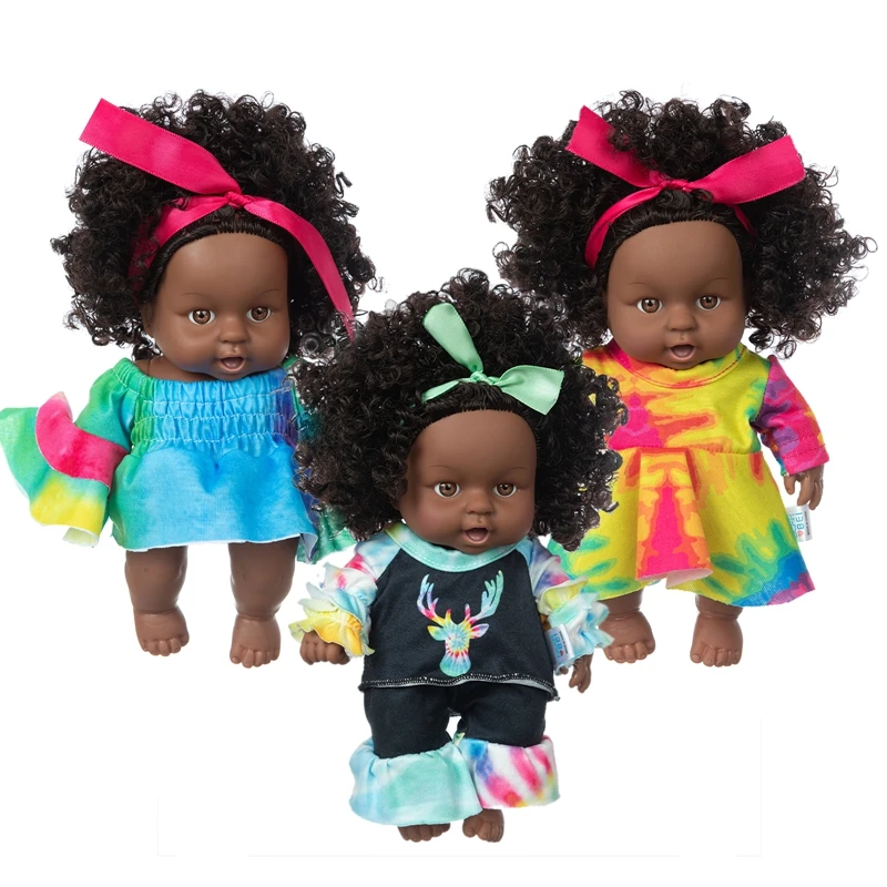 

Realistic Vinyl Baby Girl Doll - Reborn 8 inch African American Doll - Black Curly Hair Kids Birthday Gift Festival Present