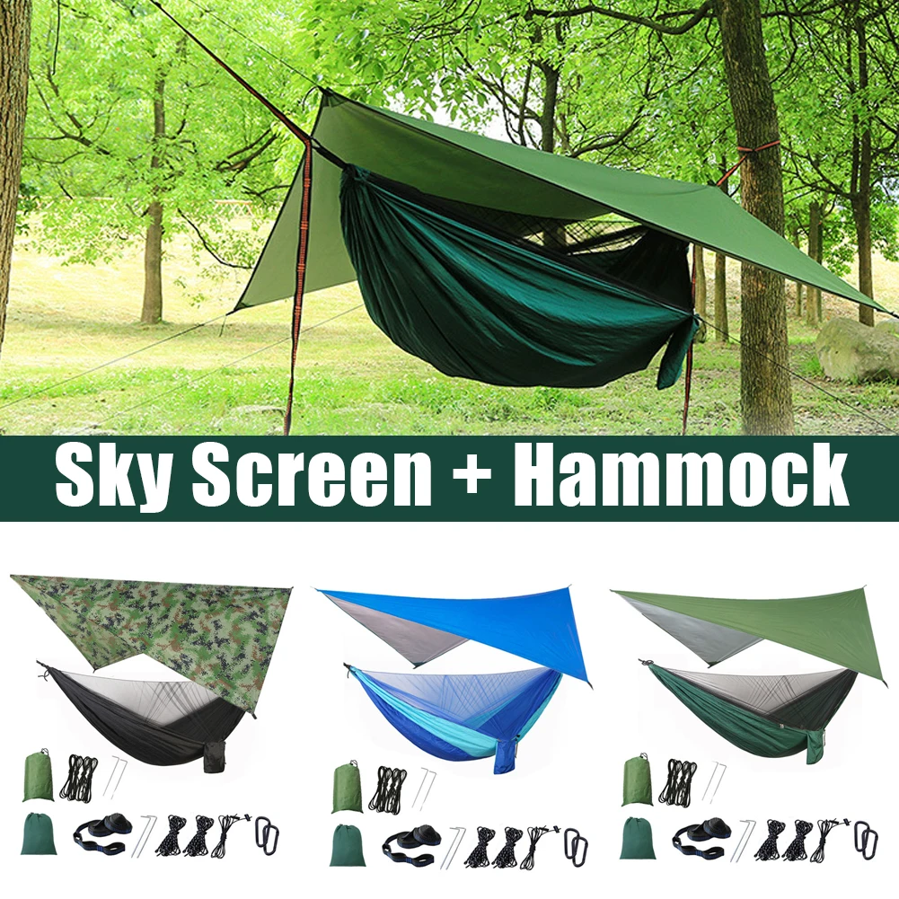 

310*310 см портативный наружный гамак для кемпинга с москитной сеткой Парашютная ткань подвесная кровать для отдыха защита от навес от комаров...