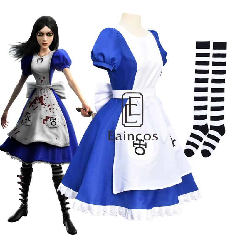 

Game Alice Madness Returns Cosplay Hallloween Carnival Costume Women Maid Dress Apron With Stockings
