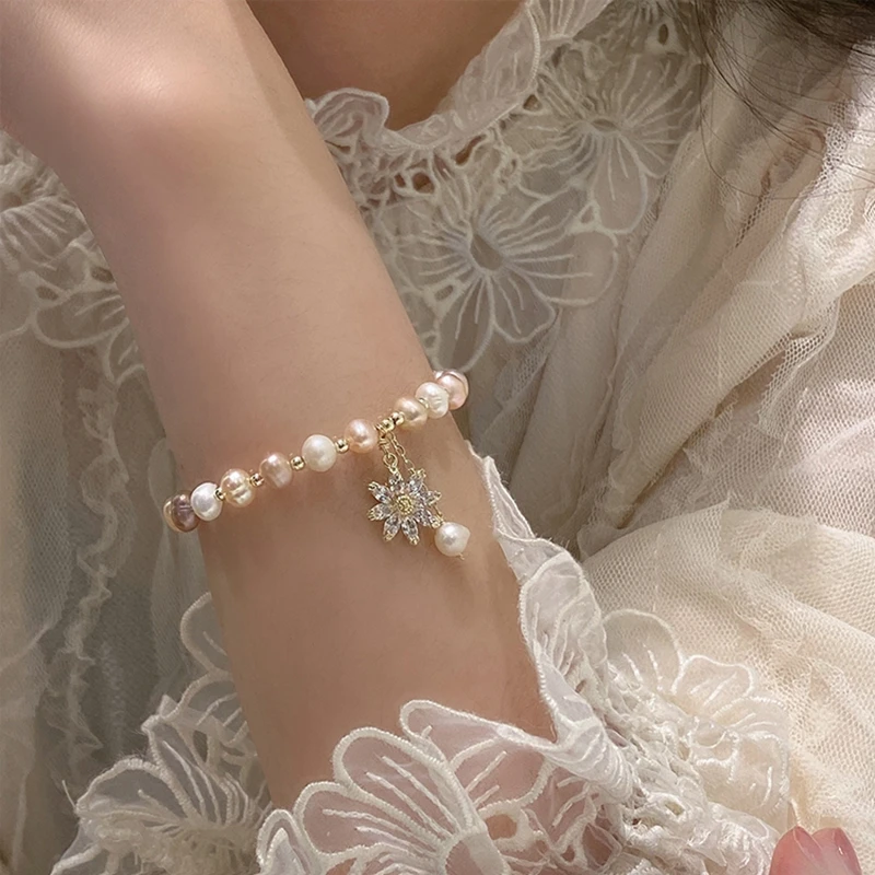 

2021 Korean Baroque Freshwater Pearl Bracelet For Women Lady Fashion Zircon Flower Bracelets & Bangles Jewelry Gifts Accessories
