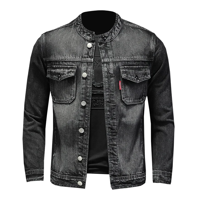 

Chaqueta vaquera negra para hombre, abrigo informal de algodón con cuello levantado, ropa de manga larga ajustada, Jeans de moto