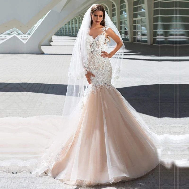 

Long Sleeve Mermaid Wedding Dresses Long Lace Appliques Tulle Beach Bride Dress Scoop Neck Vestido De Noiva Custom Made