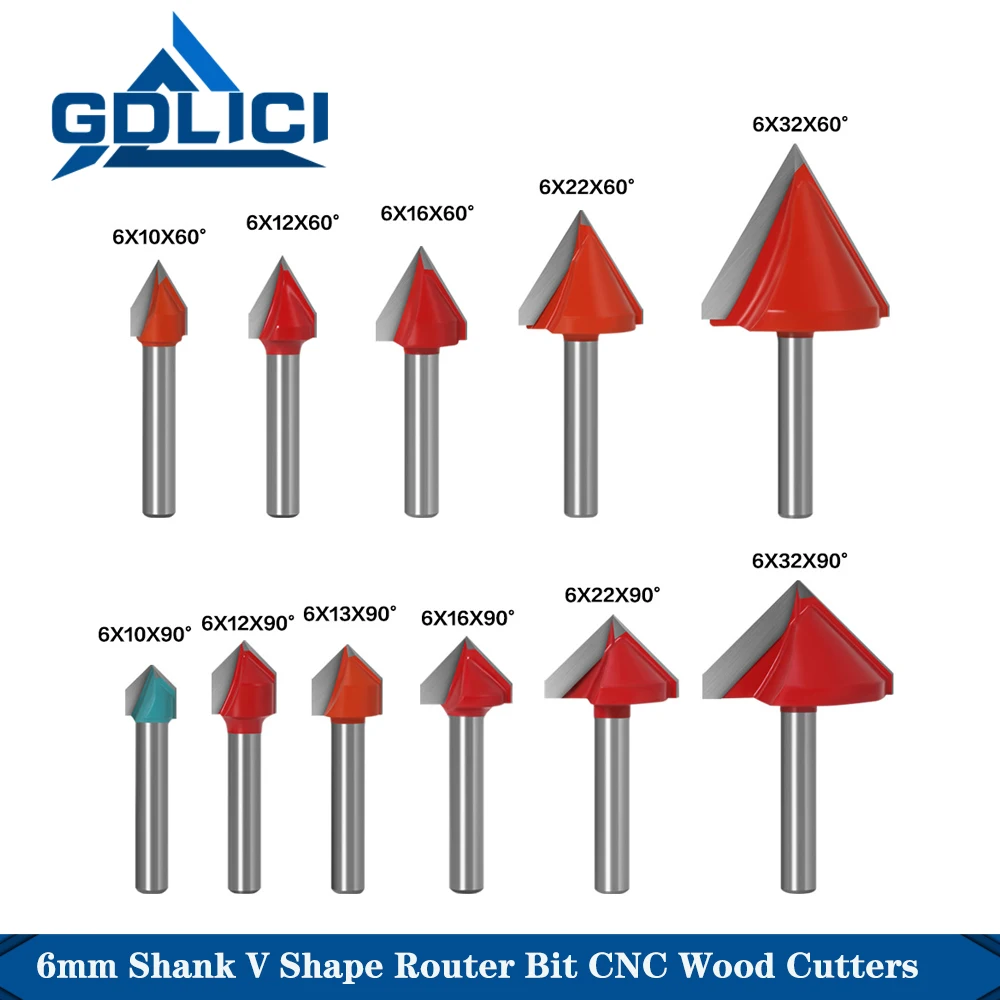 

GDLICI 6mm V Shape Solid Carbide End Mill CNC Wood Cutters Router Bits Woodworking Millings Carpentry Tools 60R 90R 120R 150R