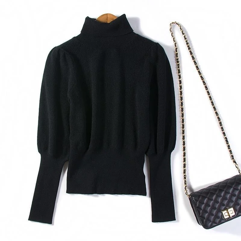 

Black Turtleneck Knitted Women Sweater Pullovers Autumn New Design Lantern Sleeved Slim Elegant Office Lady Pulls Bottoming Tops