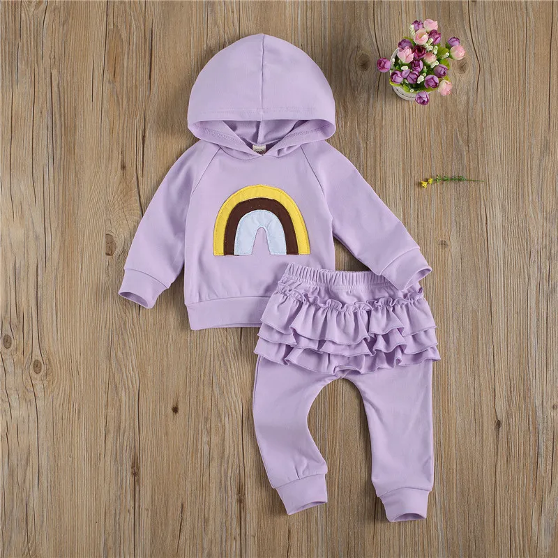 

New Autumn Newborn Kids Baby Girl Clothes Pullover Rainbow Long Sleeve Hooded Sweatshirt Tops+Pants Outfits Fall Spring Set 0-3Y