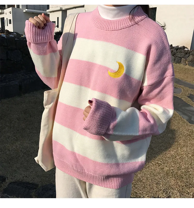 Женские свитера Kawaii Ulzzang в студенческом стиле, популярная цветная полоска, свитер с Луной, Женская Корейская одежда Harajuku, плотная повседневная одежда